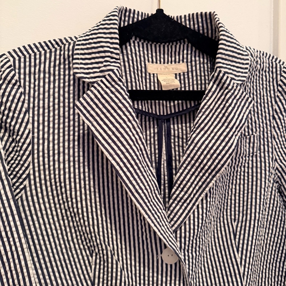 Sandro Designer Seersucker Navy White Stripes 100% Cotton Women's Blazer Size L - Picture 4 of 9